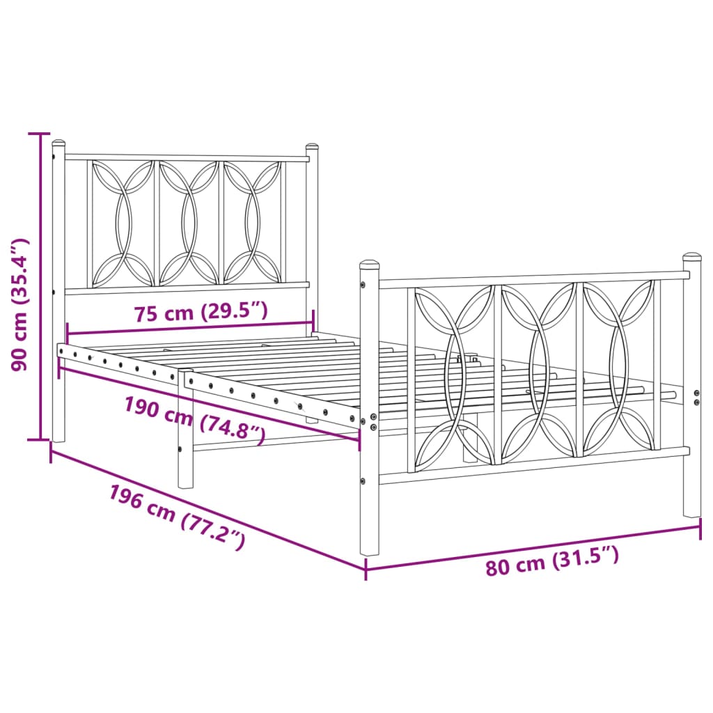 Sengeramme i metall med hode- og fotgavl hvit 75x190 cm