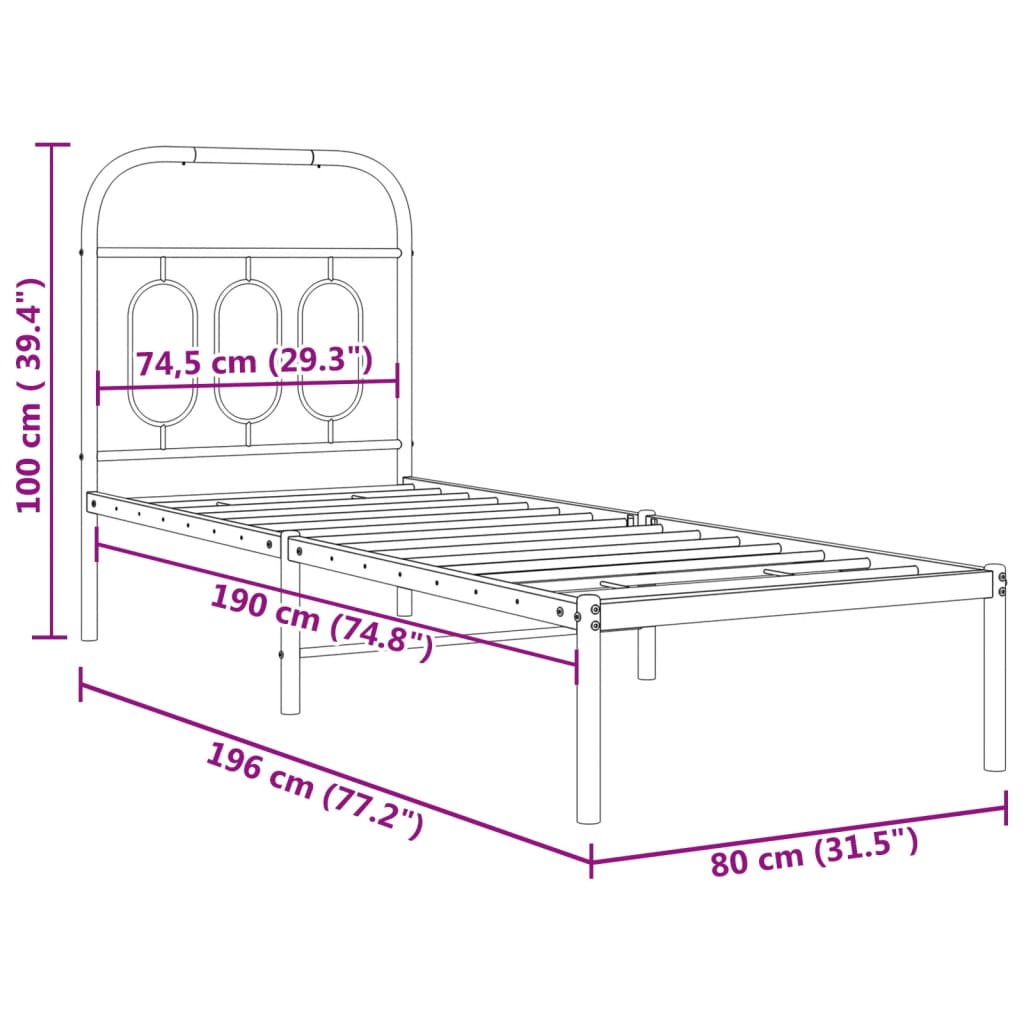 Sengeramme i metall uten madrass med hodegavl hvit 75x190 cm