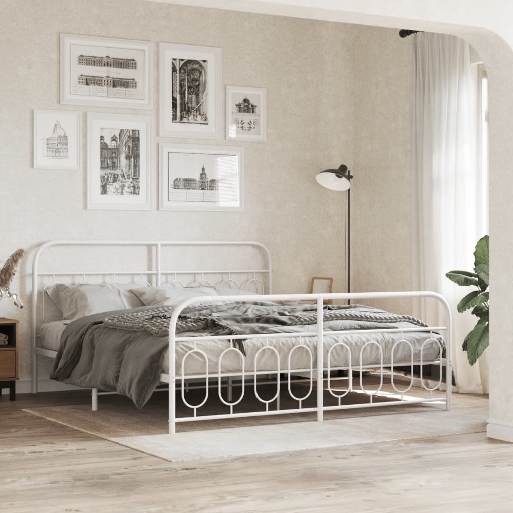 Sengeramme i metall med hode- og fotgavl hvit 193x203 cm