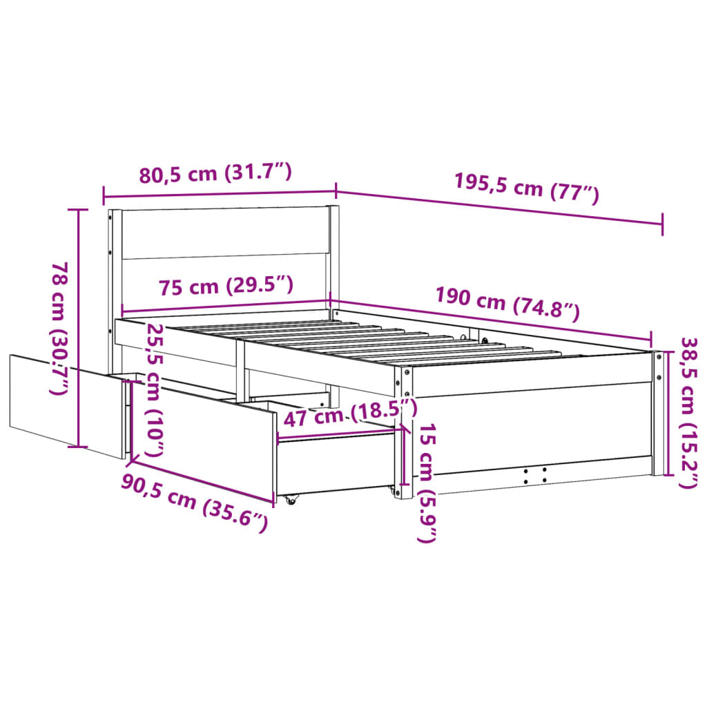 Sengeramme uten madrass 75x190 cm heltre furu