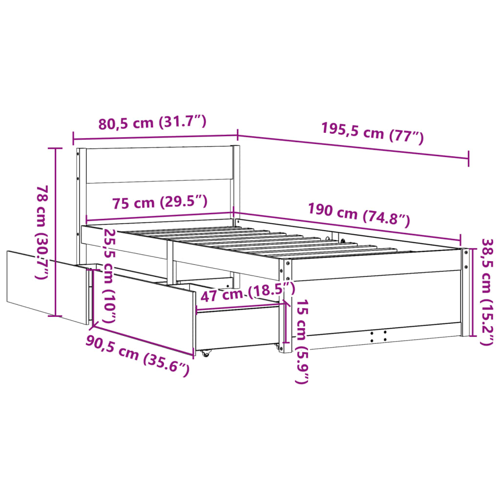 Sengeramme uten madrass voksbrun 75x190 cm heltre furu