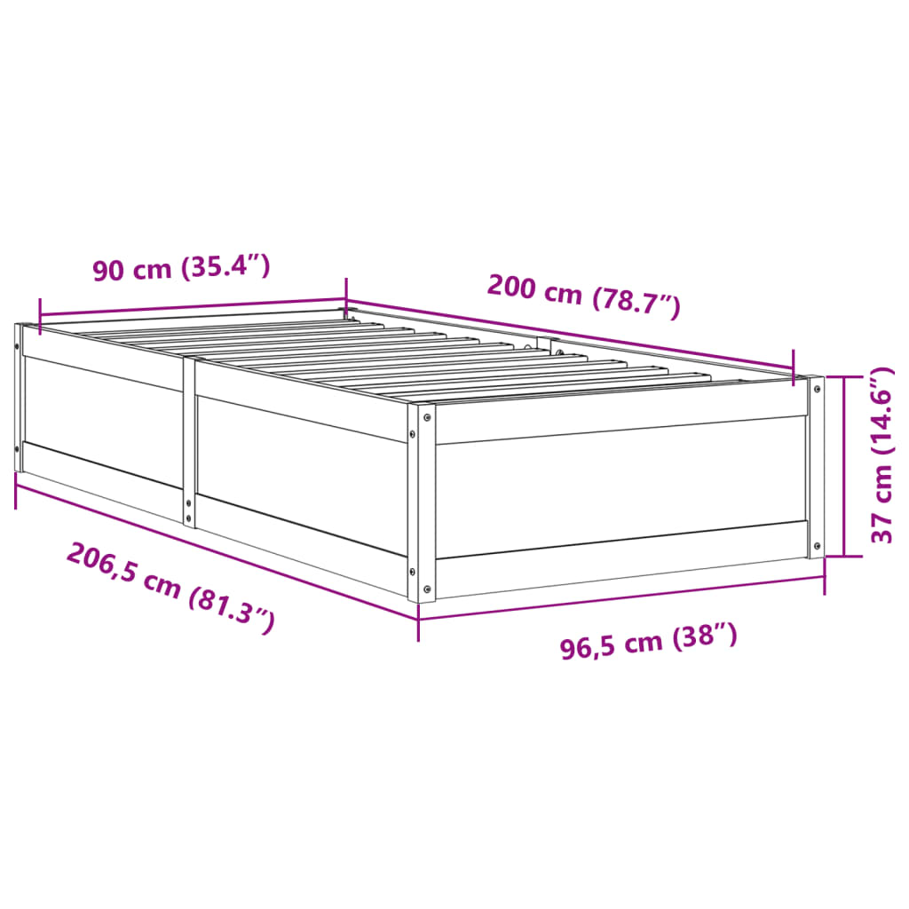 Sengeramme uten madrass hvit 90x200 cm heltre furu