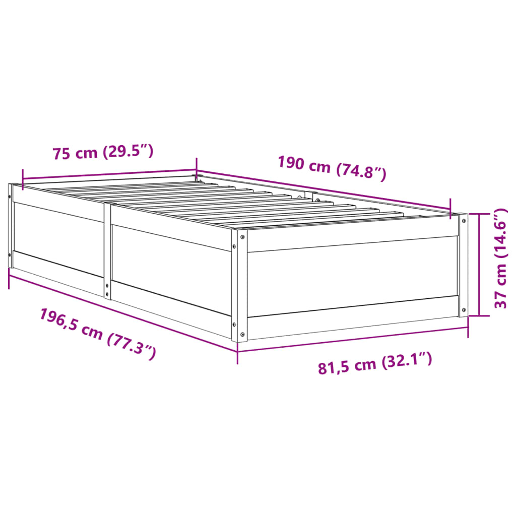 Sengeramme uten madrass hvit 75x190 cm heltre furu