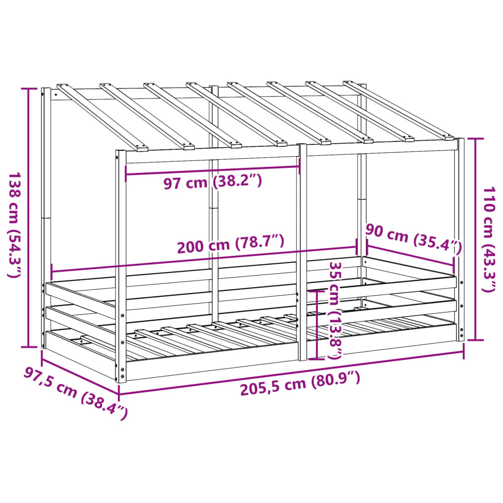 Barneseng med tak voksbrun 90x200 cm heltre furu