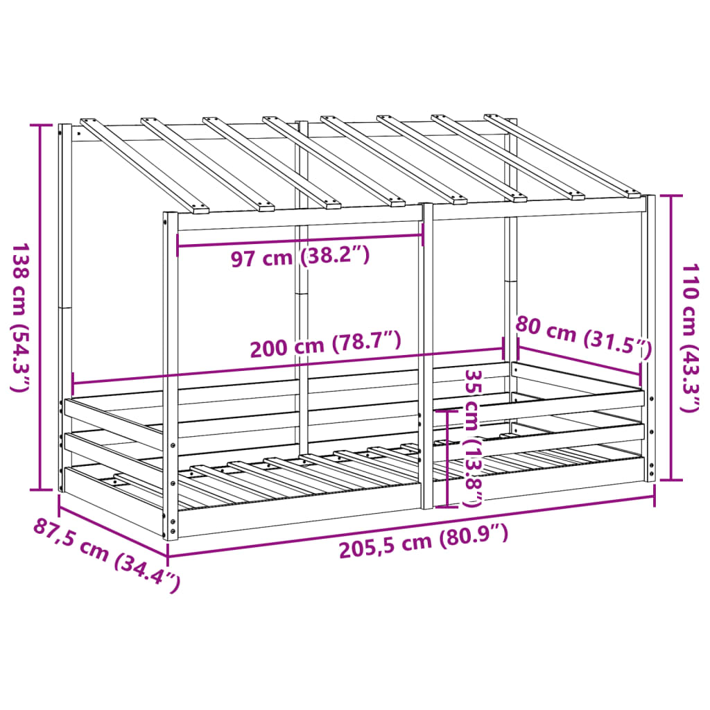 Barneseng med tak 80x200 cm heltre furu