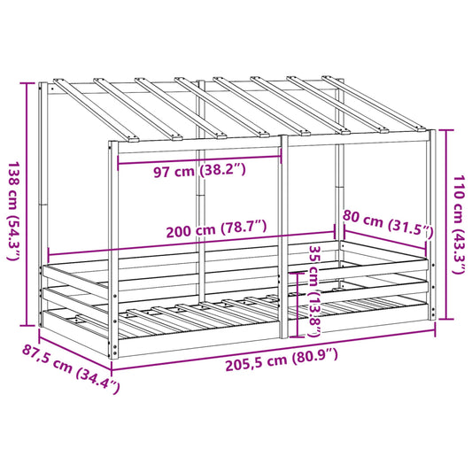 Barneseng med tak 80x200 cm heltre furu