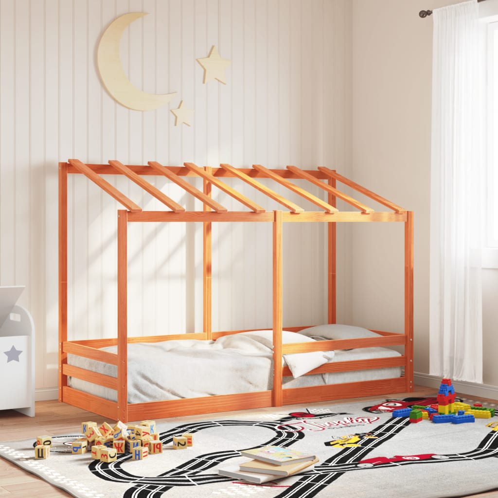 Barneseng med tak voksbrun 75x190 cm heltre furu