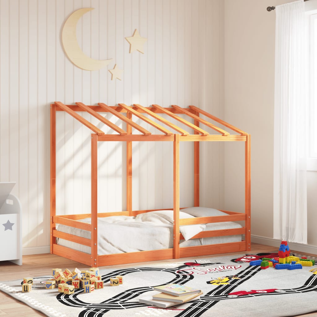 Barneseng med tak voksbrun 70x140 cm heltre furu