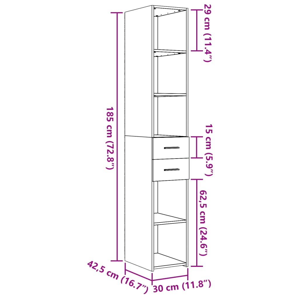 Hylle hvit 30x42,5x185 cm konstruert tre