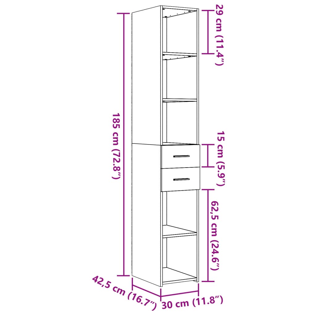 Hylle sonoma eik 30x42,5x185 cm konstruert tre