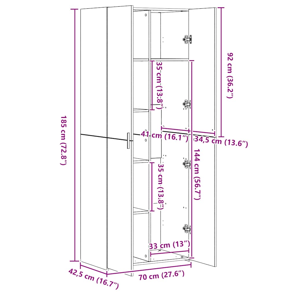 Highboard sonoma eik 70x42,5x185 cm konstruert tre