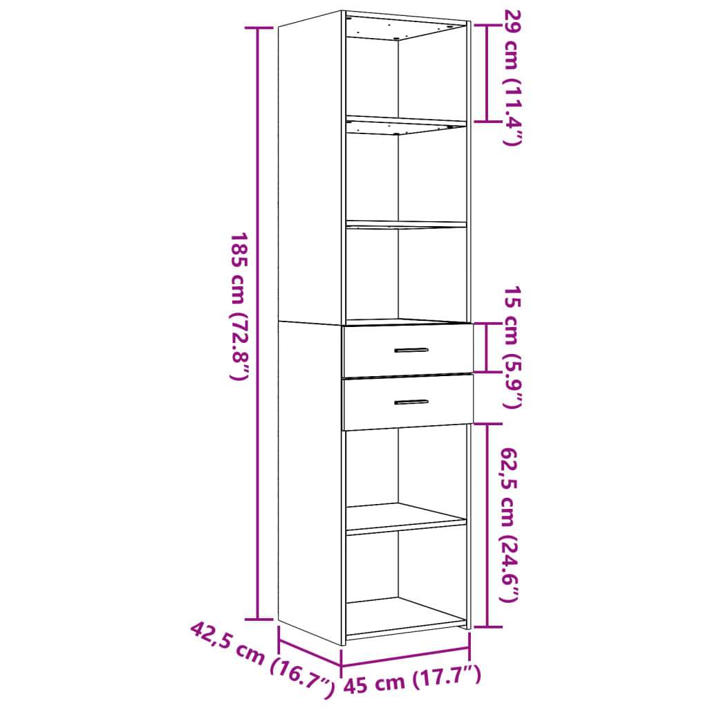 Hylle hvit 45x42,5x185 cm konstruert tre