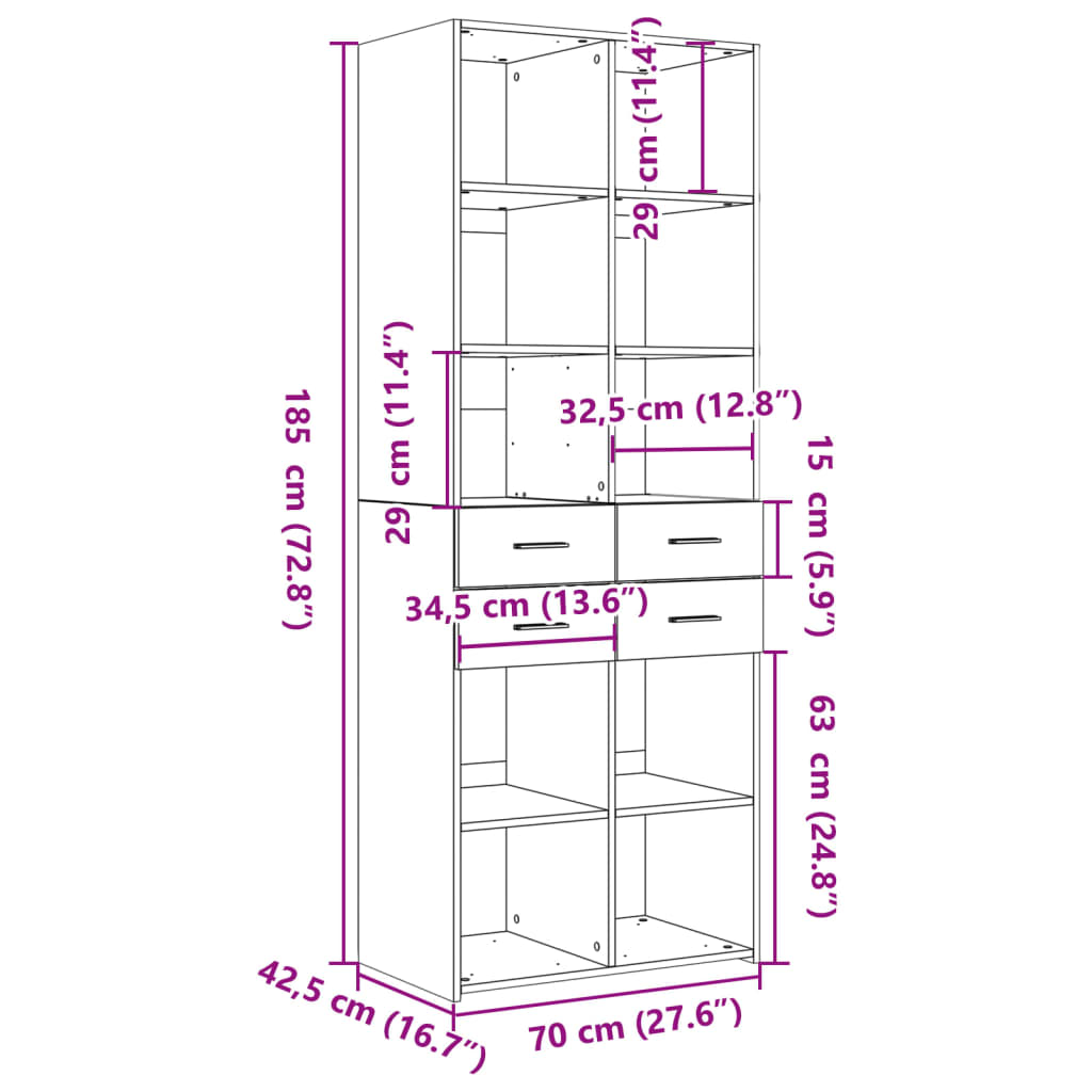 Highboard sonoma eik 70x42,5x185 cm konstruert tre