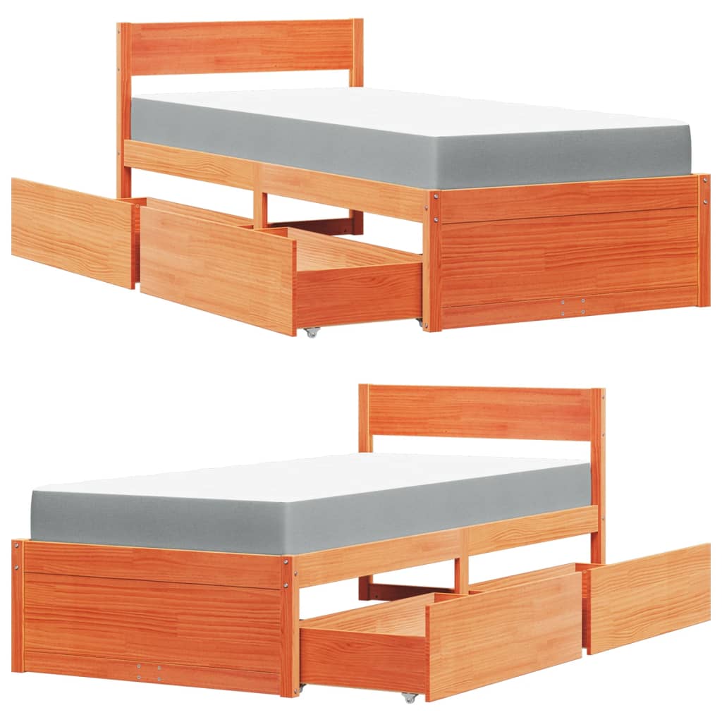 Seng med skuffer og madrass voksbrun 90x200 cm heltre furu