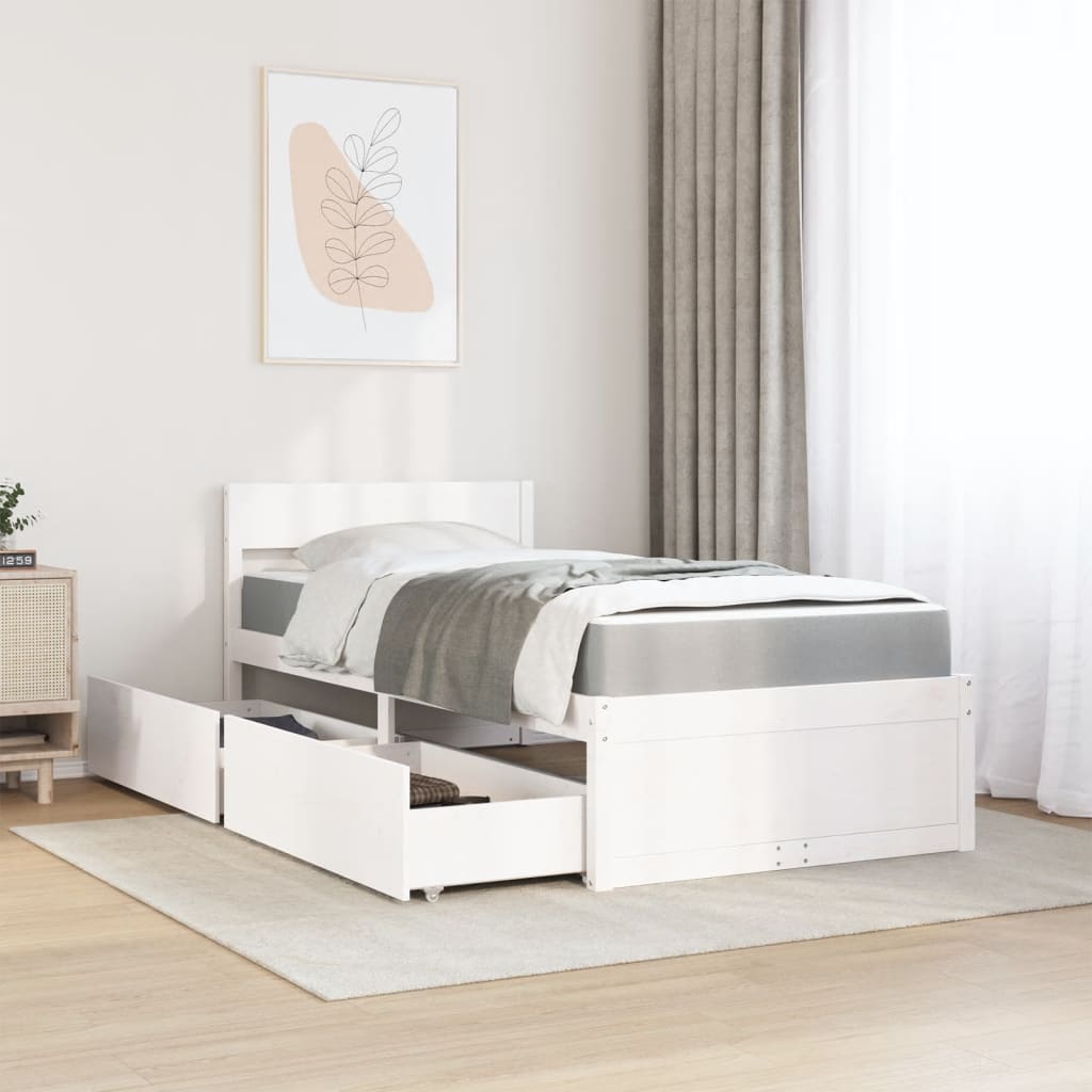 Seng med skuffer og madrass hvit 90x190 cm heltre furu