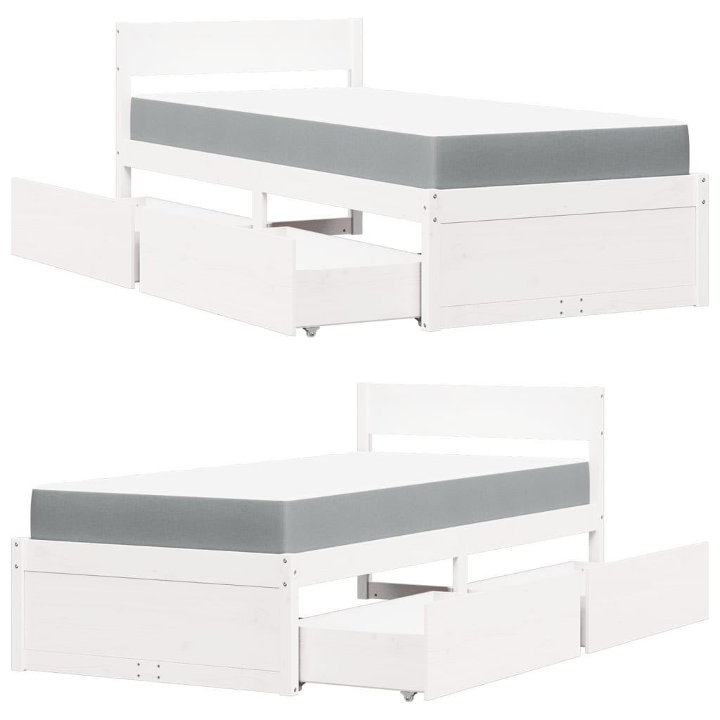 Seng med skuffer og madrass hvit 90x190 cm heltre furu
