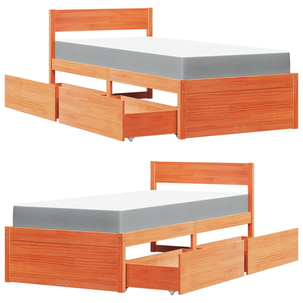 Seng med skuffer og madrass voksbrun 90x190 cm heltre furu
