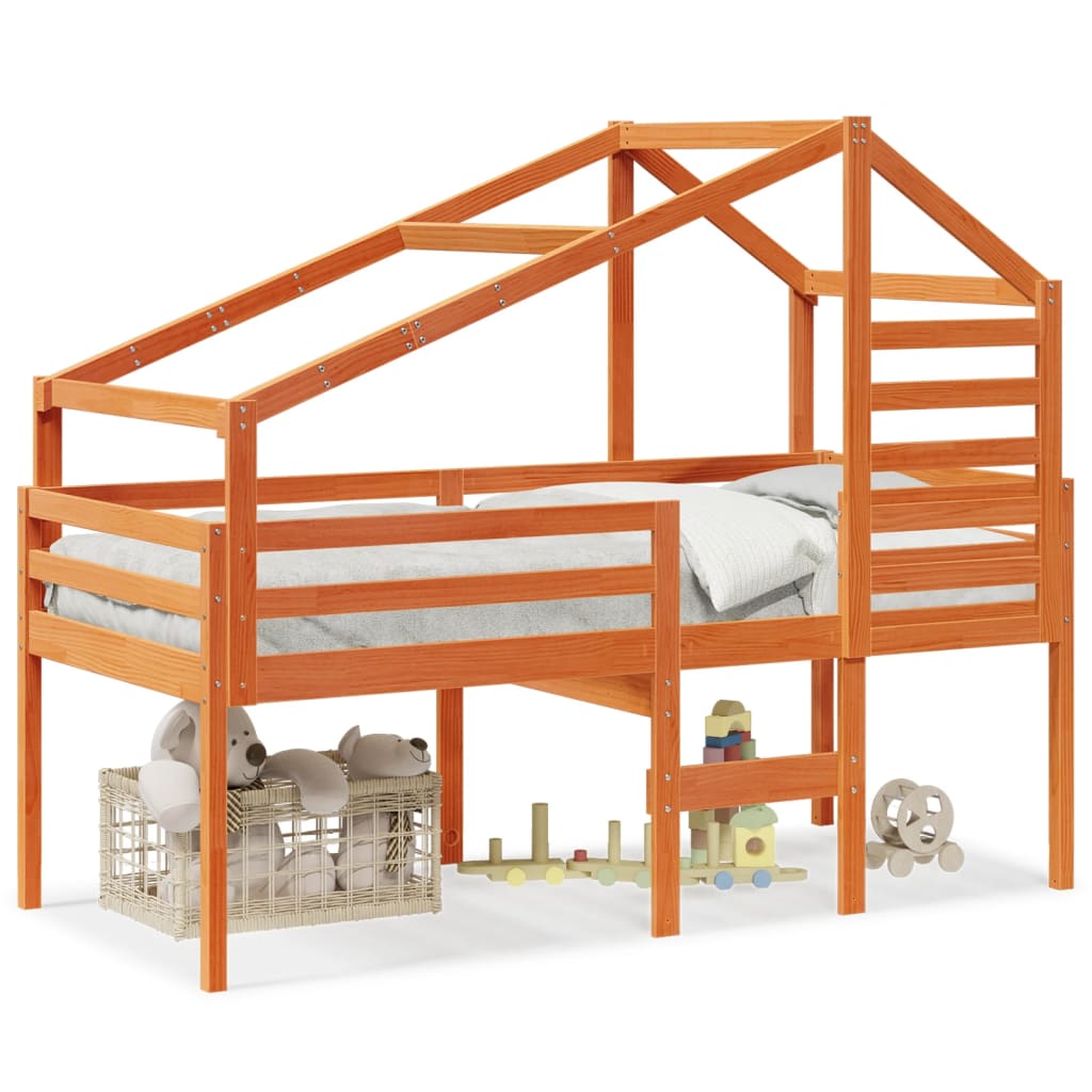 Høyseng med tak voksbrun 80x200 cm heltre furu