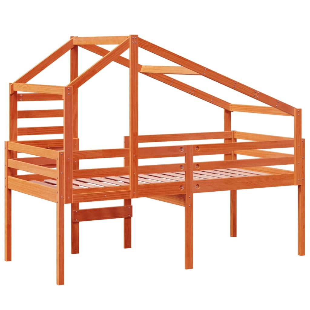 Høyseng med tak voksbrun 90x190 cm heltre furu