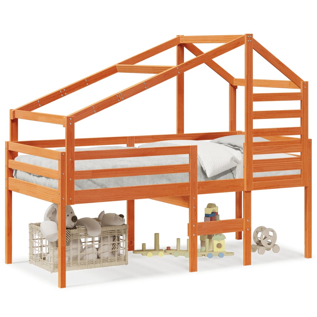 Høyseng med tak voksbrun 75x190 cm heltre furu