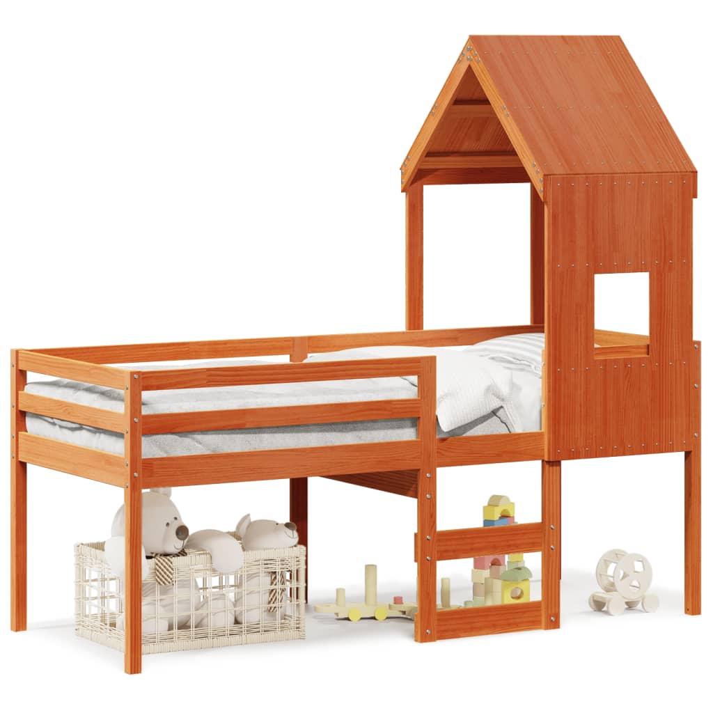 Høyseng med tak voksbrun 80x200 cm heltre furu