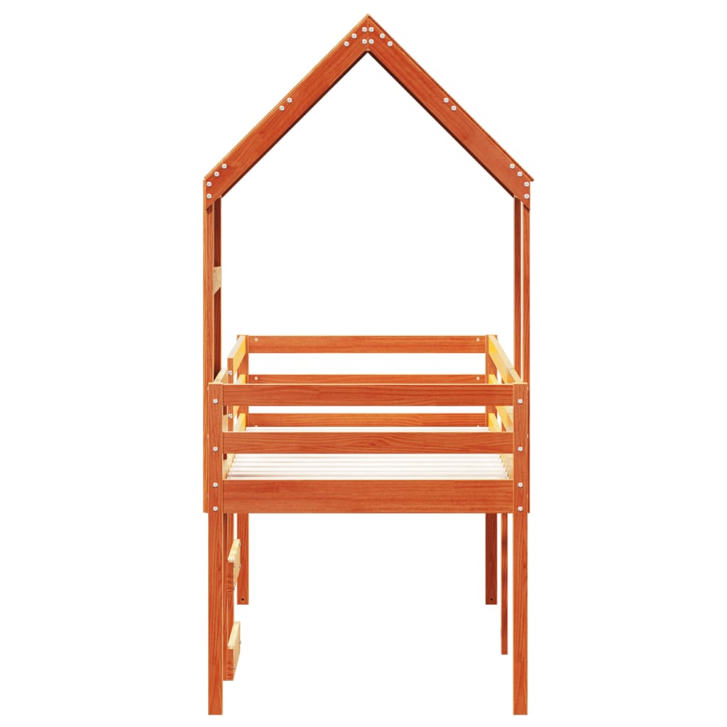 Høyseng med tak voksbrun 80x200 cm heltre furu