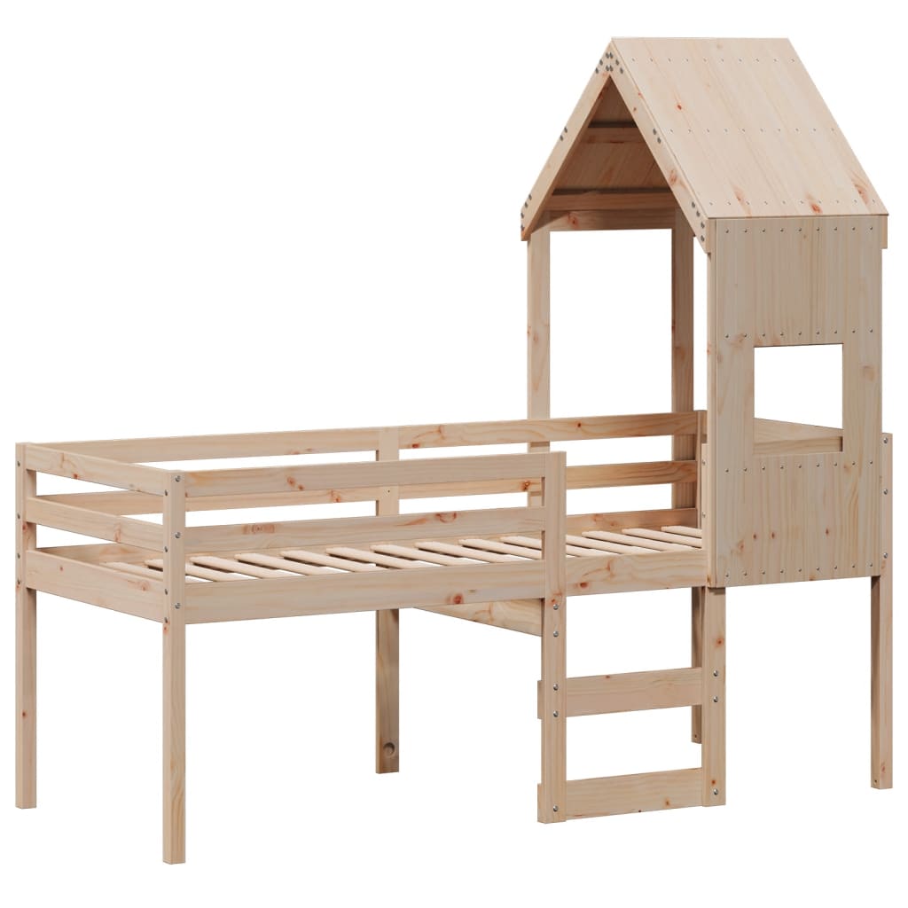 Høyseng med tak voksbrun 75x190 cm heltre furu