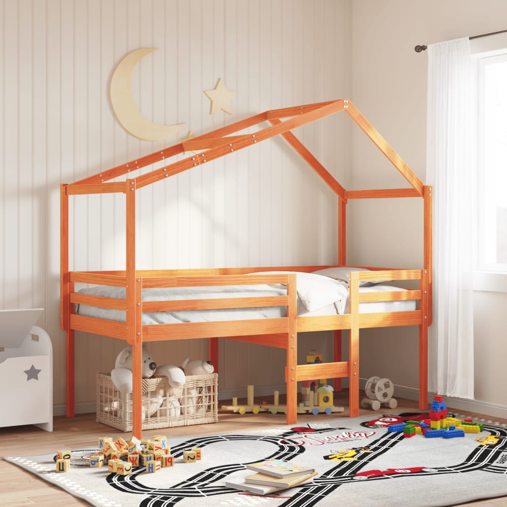 Høyseng med tak voksbrun 90x200 cm heltre furu