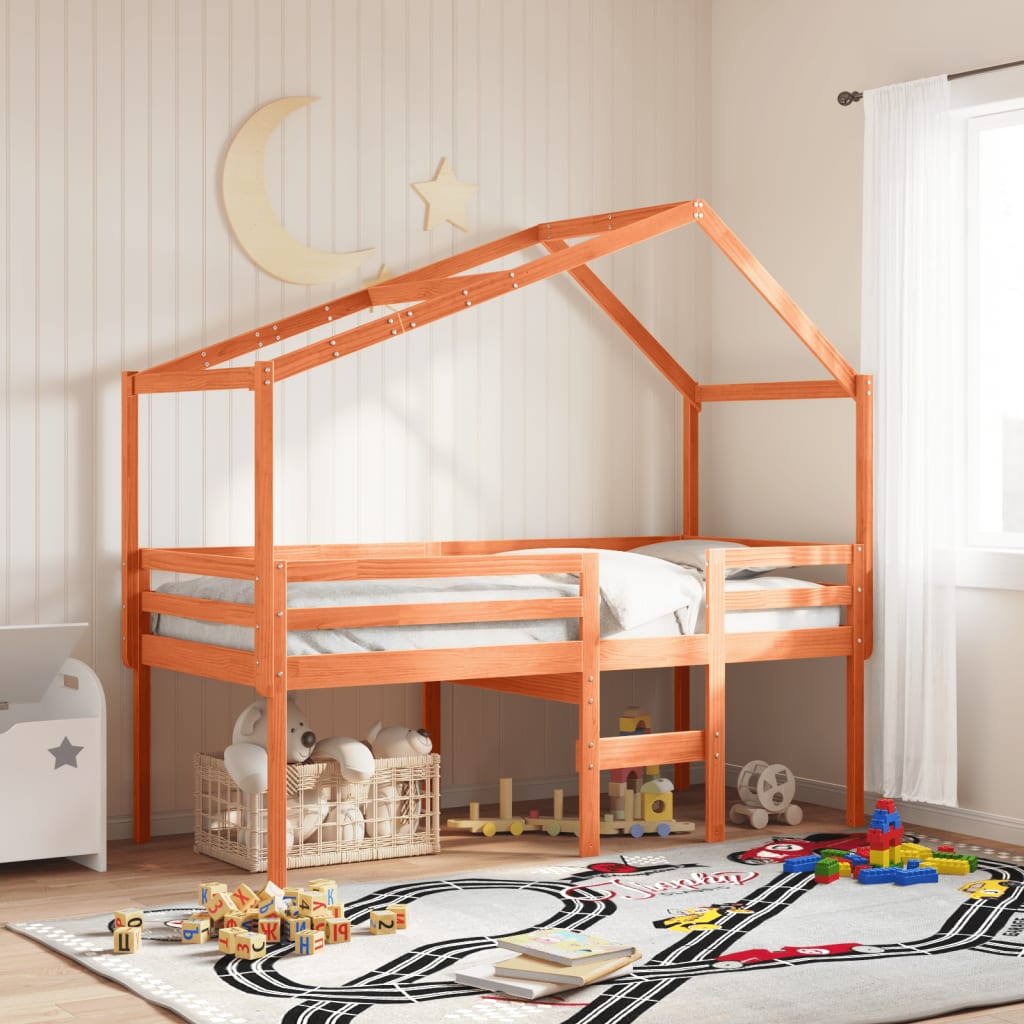 Høyseng med tak voksbrun 80x200 cm heltre furu