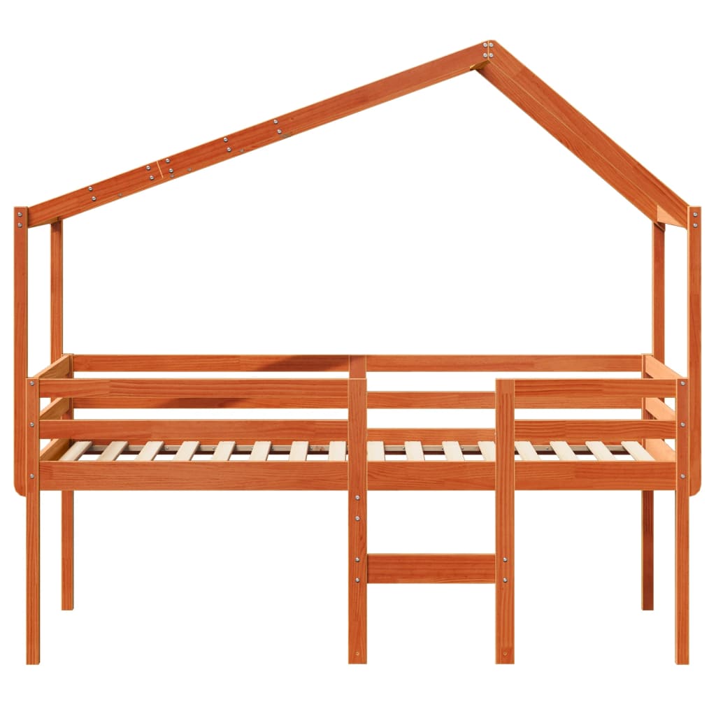 Høyseng med tak voksbrun 90x190 cm heltre furu