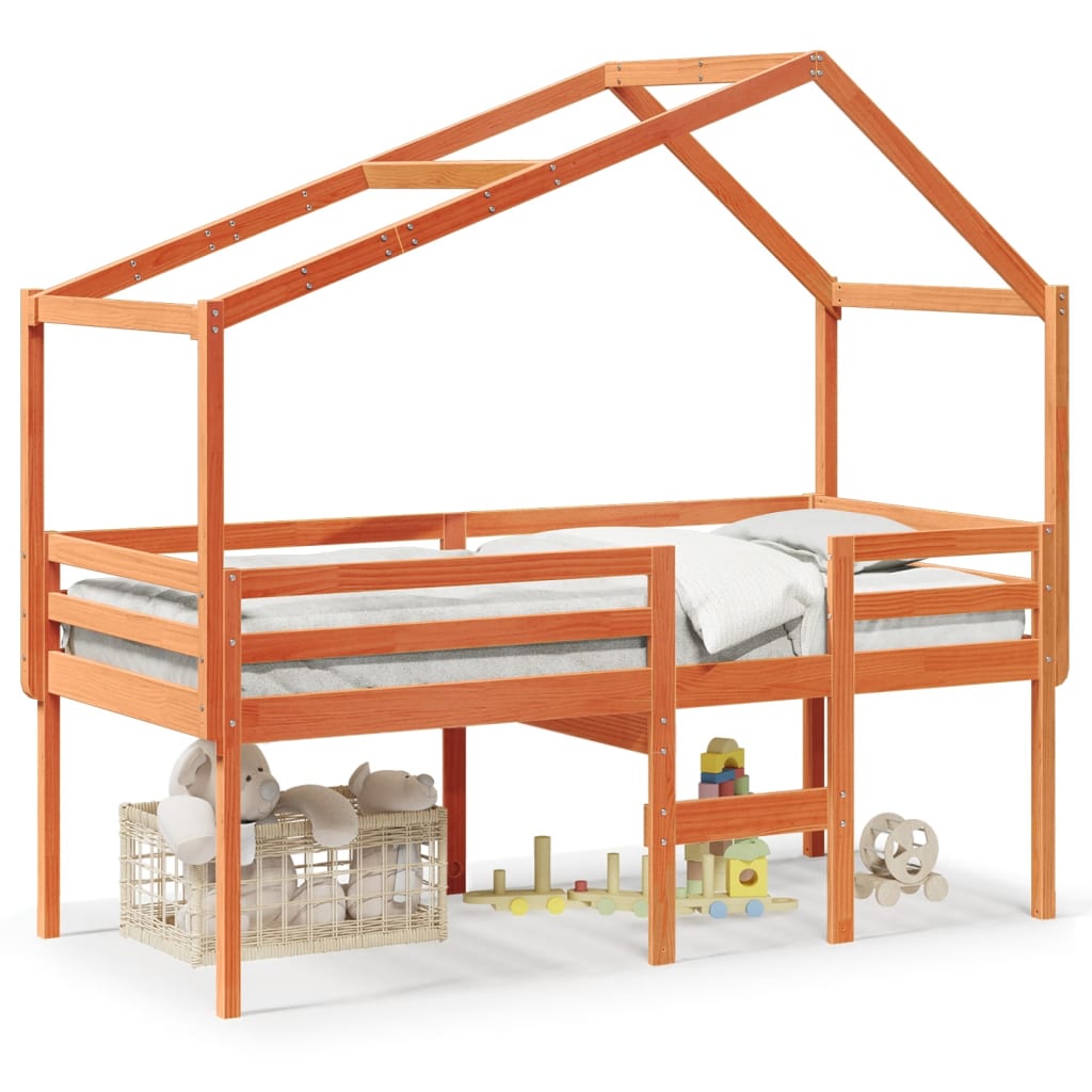 Høyseng med tak voksbrun 90x190 cm heltre furu