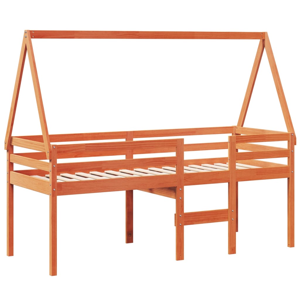 Høyseng med tak voksbrun 90x200 cm heltre furu