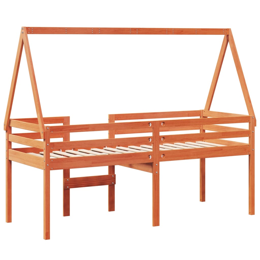 Høyseng med tak voksbrun 90x200 cm heltre furu