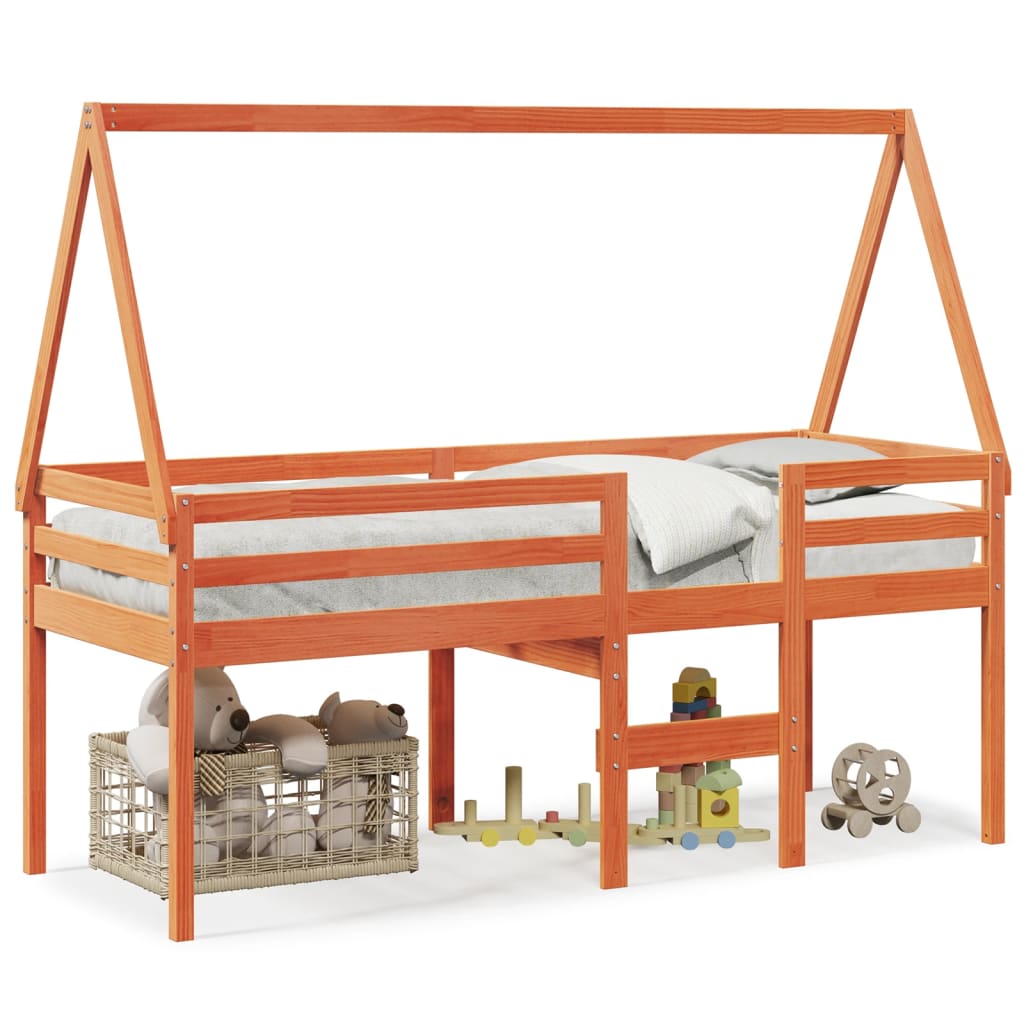 Høyseng med tak voksbrun 90x190 cm heltre furu