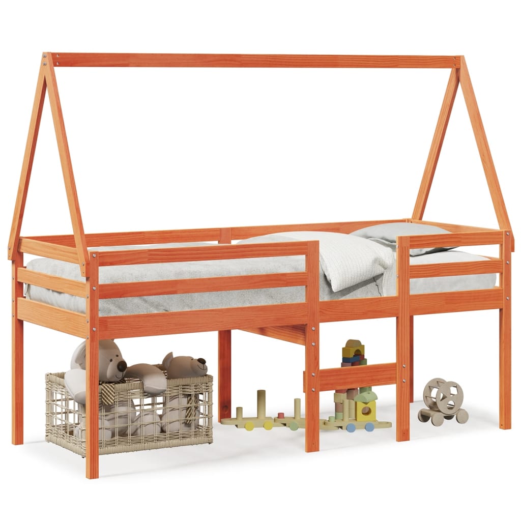 Høyseng med tak voksbrun 75x190 cm heltre furu