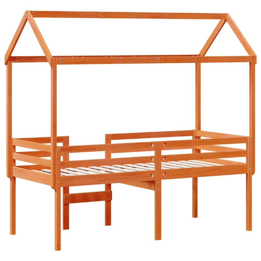 Høyseng med tak voksbrun 90x200 cm heltre furu