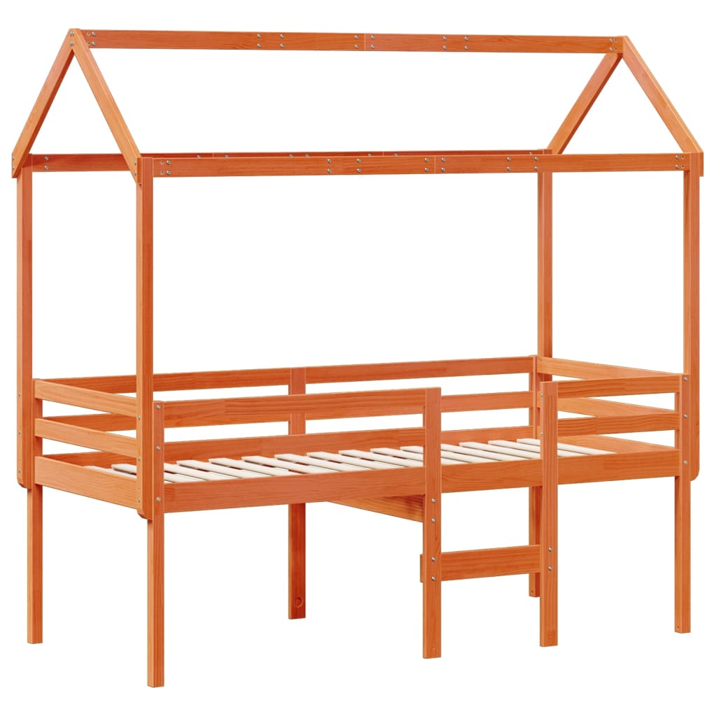 Høyseng med tak voksbrun 90x190 cm heltre furu