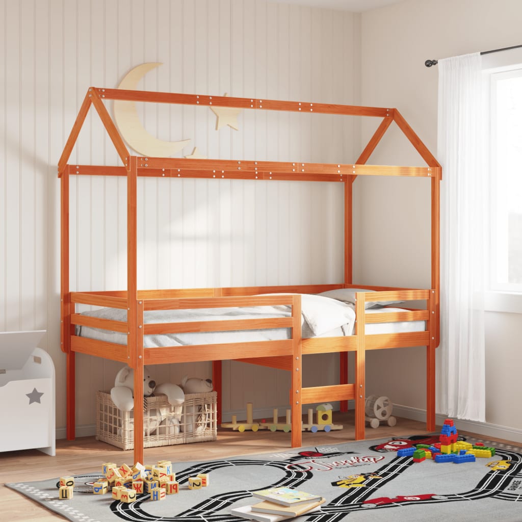 Høyseng med tak voksbrun 75x190 cm heltre furu