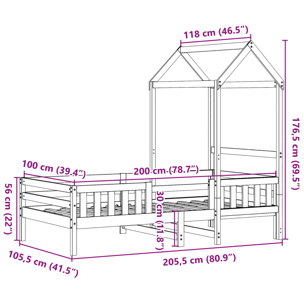 Sengeramme med tak 100x200 cm heltre furu