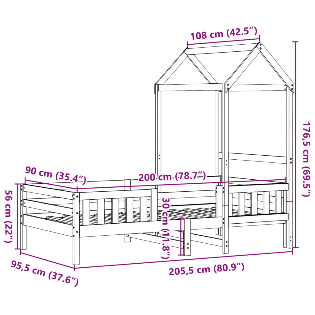 Sengeramme med tak voksbrun 90x200 cm heltre furu