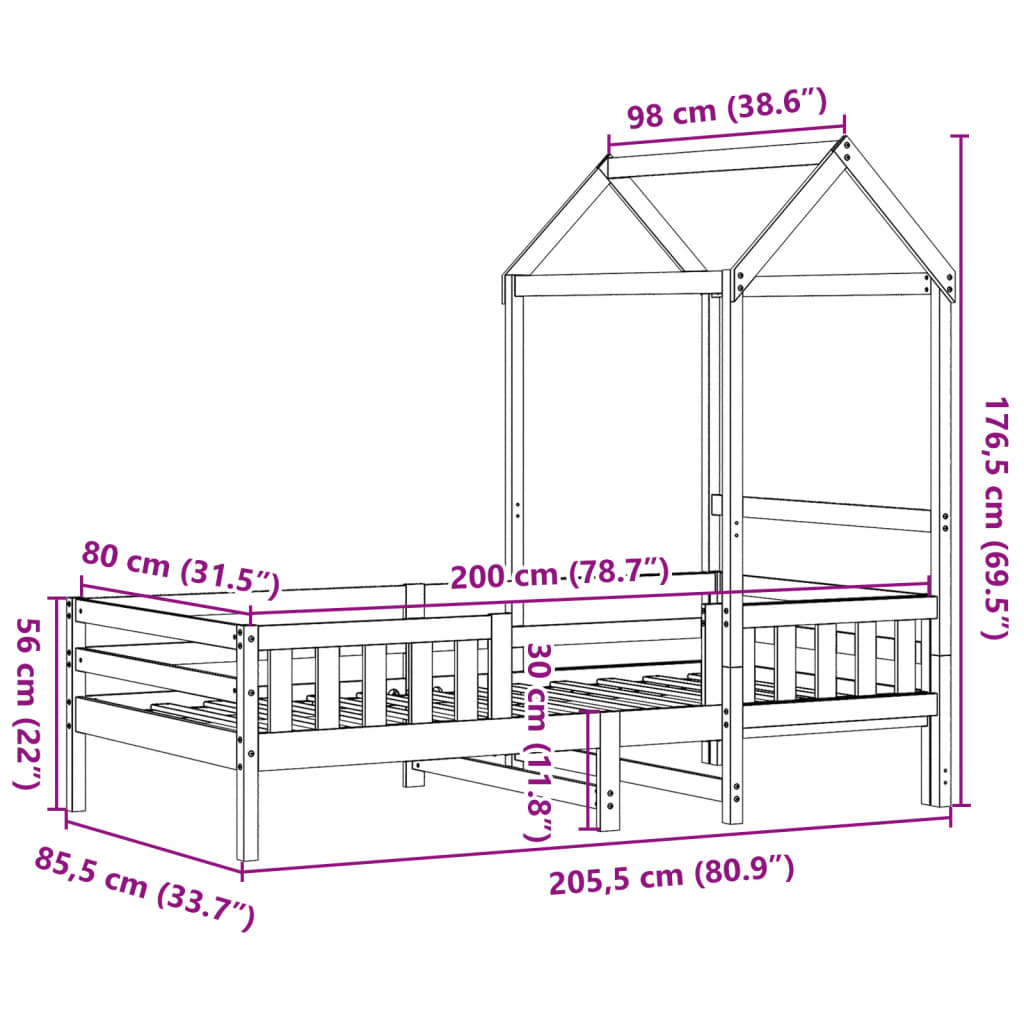 Sengeramme med tak voksbrun 80x200 cm heltre furu