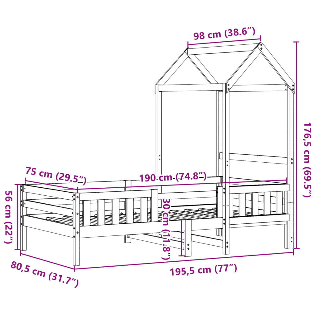 Sengeramme med tak hvit 75x190 cm heltre furu