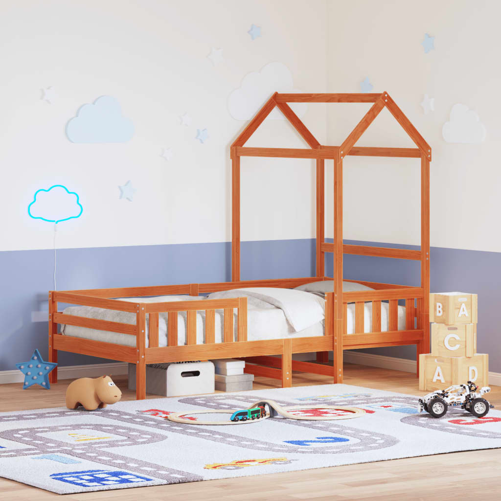 Sengeramme med tak voksbrun 75x190 cm heltre furu