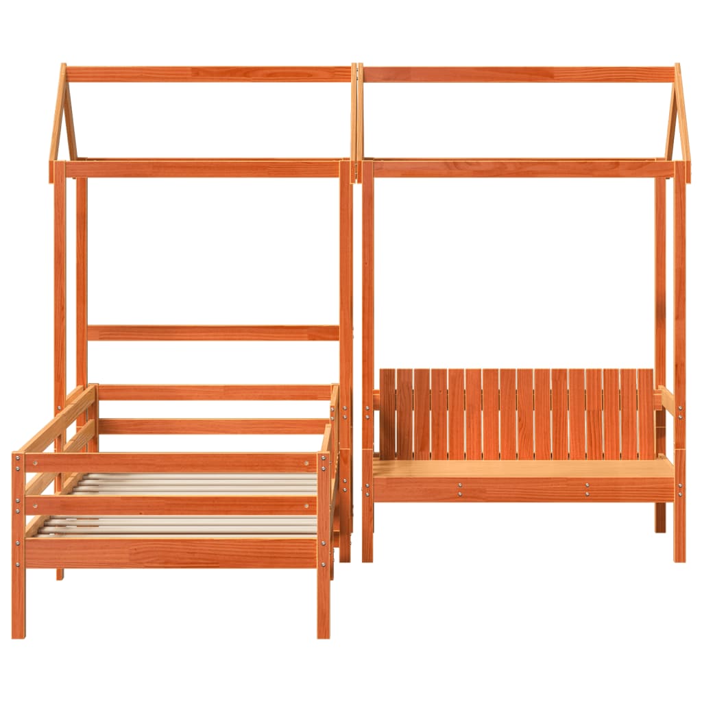 Sett med seng og benk med tak voksbrun 90x200 cm heltre furu