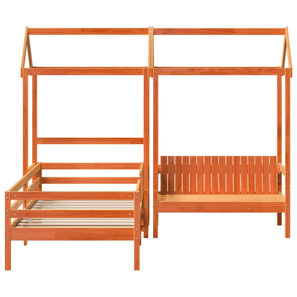 Sett med seng og benk med tak voksbrun 80x200 cm heltre furu