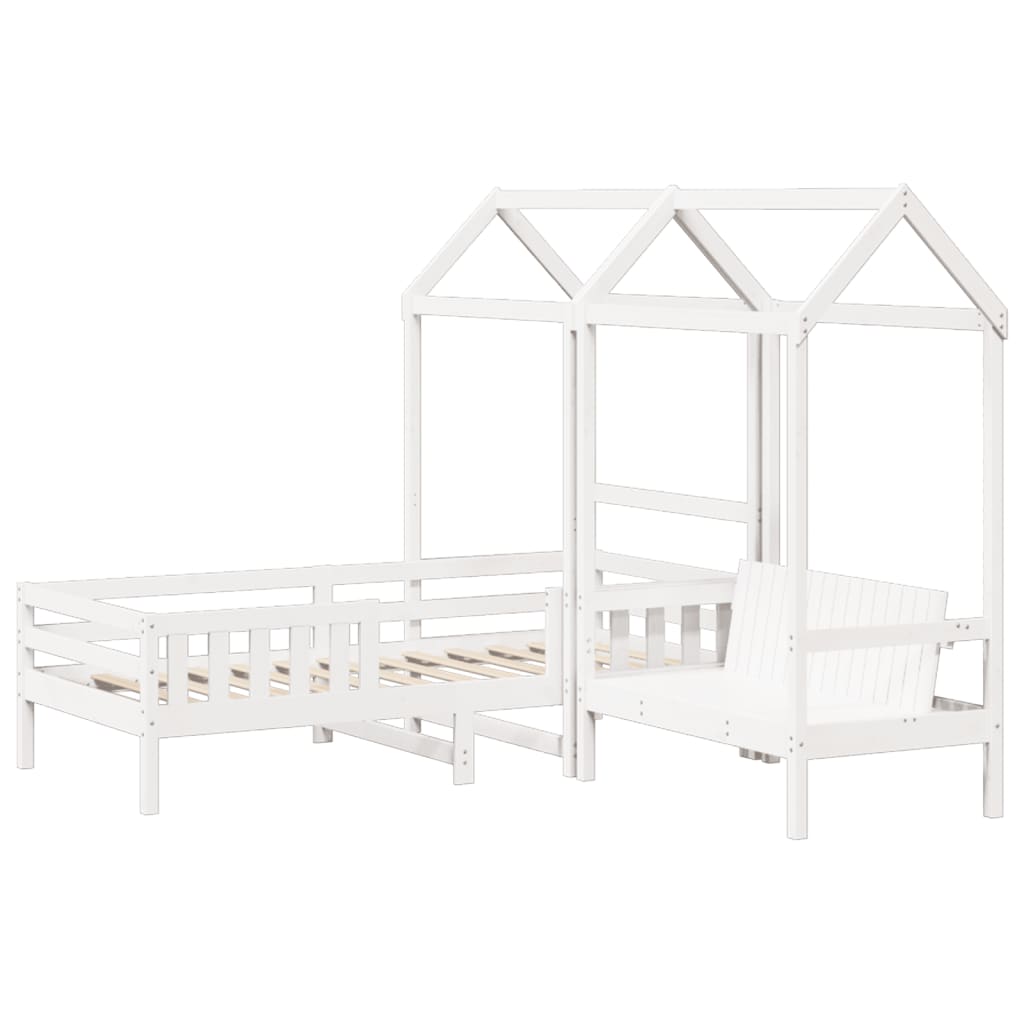 Sett med seng og benk med tak hvit 75x190 cm heltre furu