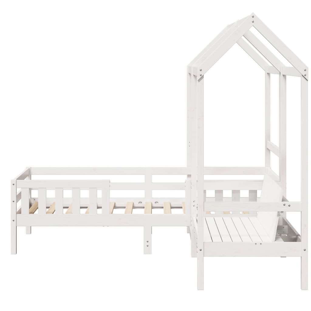 Sett med seng og benk med tak hvit 75x190 cm heltre furu