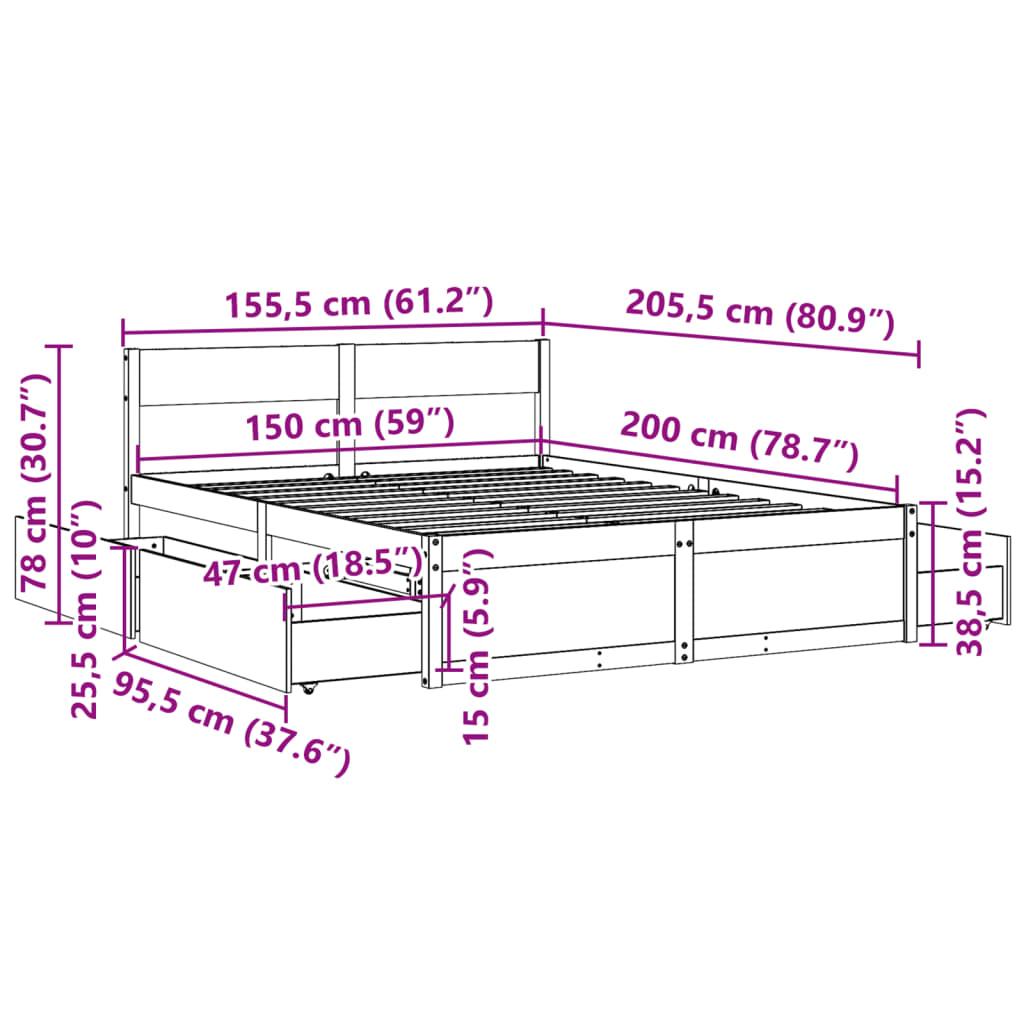 Sengeramme uten madrass brun 150x200 cm heltre furu