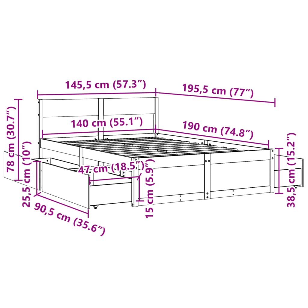 Sengeramme uten madrass voksbrun 140x190 cm heltre furu