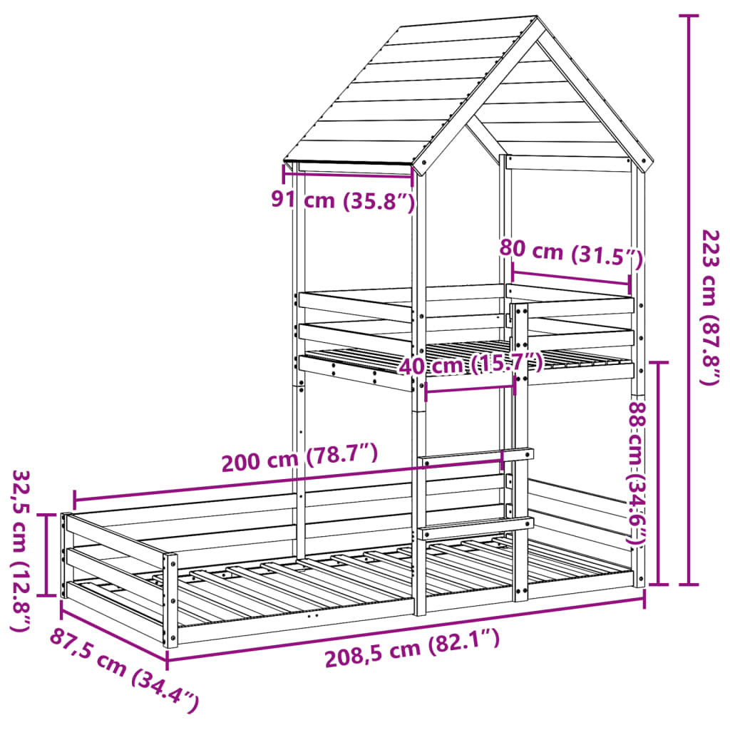 Barneseng med tak voksbrun 80x200 cm heltre furu